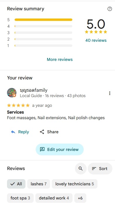 สรุปรีวิว Google ของ PSY Nail&Lash